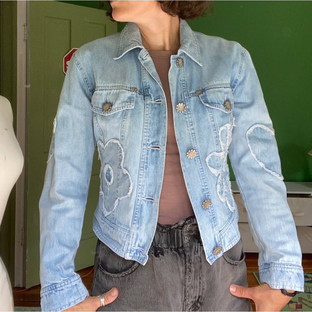 Vintage y2k Moschino Jeans Light Blue Denim Jacket with Floral patchwork